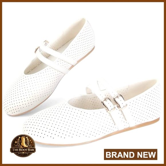 Shoes - Suede Mary Jane Ballet Flats with Double Buckle Strap Breathable Mesh